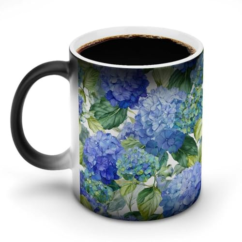 Jubonexis Watercolor Hydrangea Pattern Blue Green Flowers Color Changing Mugs Heat Changing Ceramic Coffee Mug Novelty Funny Tea Water Cup 11OZ
