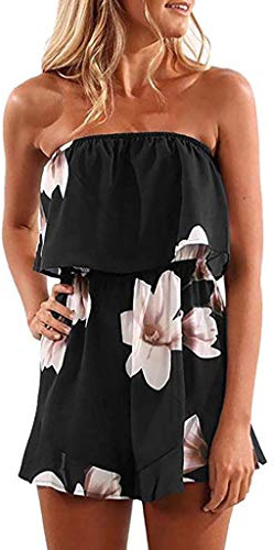 Jumpsuit Donna Estiva Elegant Tuta Corta Bandeau Senza Maniche Stampa Floreale Salopette Elastica Vita Alta Playsuit Donne Estate Shorts a Gamba Larga Monopezzo Copricostume Spiaggia Abito Vacanza