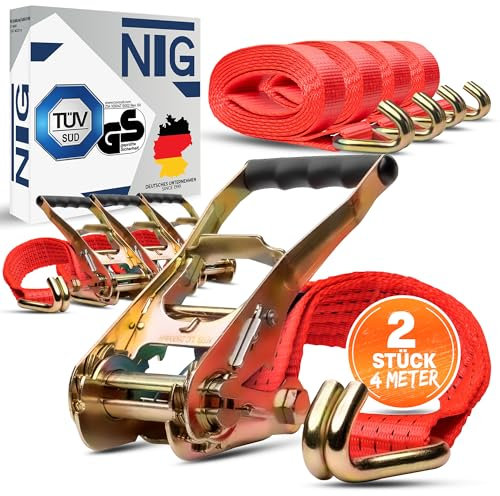 2 Stück | Spanngurte | Zurrgurte | 4m | 5t (2500/5000 daN KG) Zweiteilig | 50mm | mit Ratsche und Haken | TÜV/GS geprüft