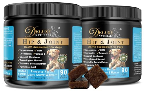 Deluxe Naturals Hip and Joint Soft Chews for Dogs – 180 Count (Pack of 2 x 90) – Glucosamine, MSM, Chondroitin, Omega-3, Green-Lipped Mussel – Joint Support Supplement – Chicken & Bacon Flavor