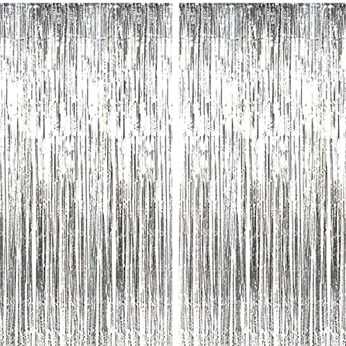 Jonami Silvester Lametta Vorhang Silber, Folie Fransen Vorhang Schimmer, Metallic Tinsel Vorhange Hintergrund Fringe Glitzervorhänge Fransenvorhang Metallfolie fur Party Deko Geburtstagsdeko -2stk-