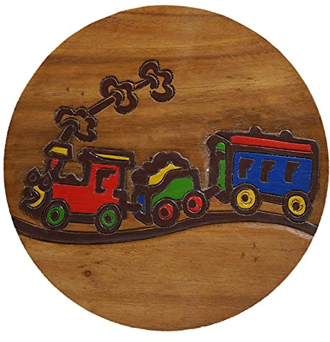 ART-CRAFT Vielseitiger Kinderhocker Holzhocker rund aus Massivholz Tiermotiv Eisenbahn mit vielen Einsatz Möglichkeiten