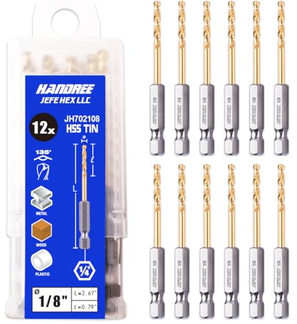 JEFE HEX 1/8 Hex Shank Drill Bits - 12 PCS HSS Titanium Drill Bits with Quick Change Shank Impact Driver Twist Drill Bit Set