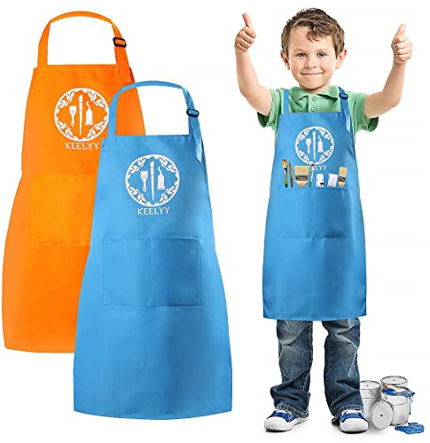 KEELYY Malschürze für Kinder, 2 Stück mit Taschen, Kochschürze für Jungen & Mädchen, Verstellbare Schürzen für Malen, Basteln, Backen & Kochen, 7-12 Jahre (Blau und Orange)
