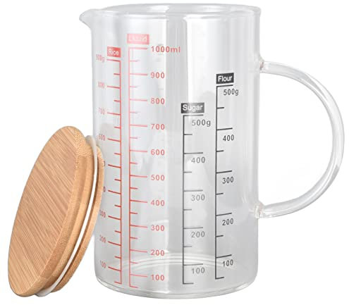 Taza Medidora de Vidrio, Taza Medidora de Líquidos de Cocina con Asa Y Tapa, Taza de Vaso Graduada para Cocinar/Hornear/Preparar, Pico Vertedor en Forma de V(1000ml)