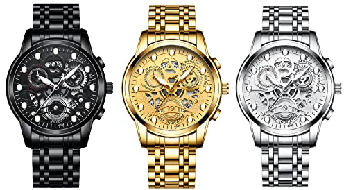 JewelryWe Par klockor digitalklocka rostfritt stål binär klocka rektangel klocka LED sportklocka blå LED ljus kalender mode cool partner armbandsur för män kvinnor svart/silver, 3 delar, Armband