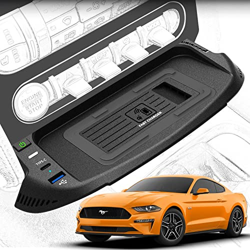 Braveking1 Trådlös billaddare för Ford Mustang Coupe Convertible GT Shelby 2015-2023 alla modeller, 15 W Qi snabbladdande telefonladdare dyna med QC3.0 USB-port