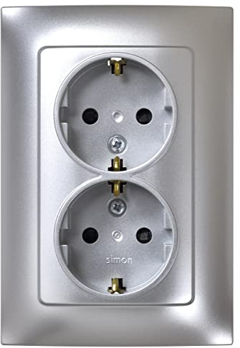 SIMON 10 Enchufe Doble Schuko Empotrar Aluminio 16A 250V Completo | Incluye marco, tapa y mecanismo montados. Pared plana y fina, 8,4x12 cm, fácil instalación.
