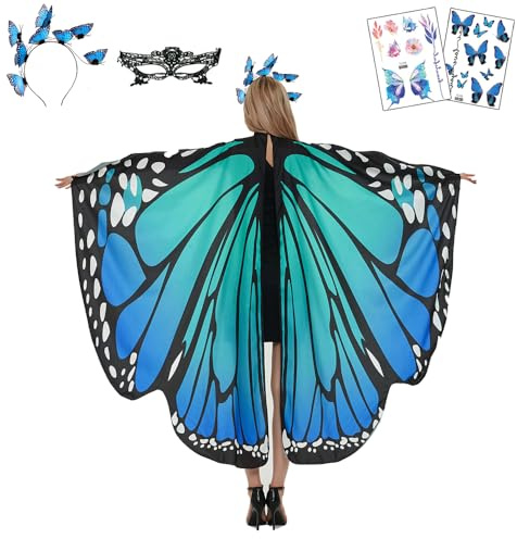 ENYACOS Damen Schmetterling Kostüm 4er Set mit Schmetterlingsflügel, Schmetterling Tattoo, Haarreif und Venezianische Maske für Fasching, Karneval, Erwachsene Frauen