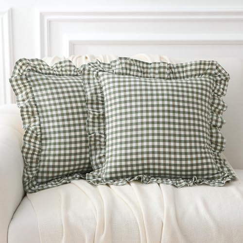 K MASANIJI 2 Pack Sage Green Plaid Ruffle Gingham Throw Pillow Covers, 100% Washed Cotton Checkered Farmhouse Decorative Pillow Shams for Bed/Sofa - 18''x18''