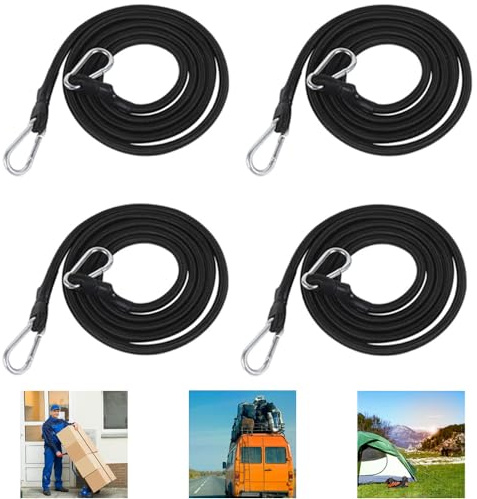 Bungee Cords with Hooks 4 Pack, 2m Long Bungee Straps with Carabiner Clips | Heavy Duty & Elastic Tie Down Straps for Cargo Truck Tarp Camping Secure Transportation