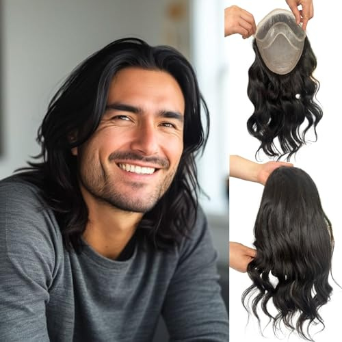 Voloria 12 Long Hair Men's Toupee Loose Wave 100% Virgin Human Hair Replacement System for Men 10x8 Base Size Natural Black Color
