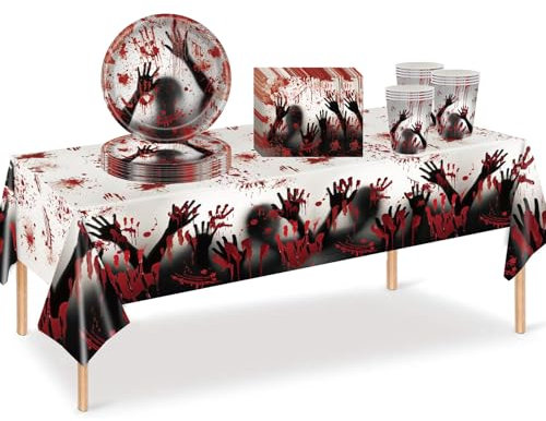 ZSYIULIA 53Pcs Halloween Blood Hands Tableware Set for Party Decorations Including Tablecloth, Cups, 7inch Plates, Napkins