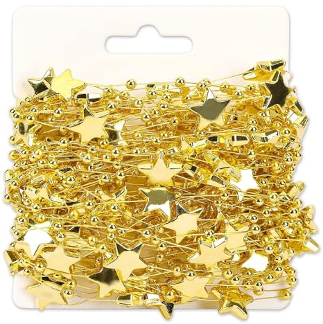 Augshy Goldene Sterne Perlengirlande, 20 m Perlenkette Weihnachtsbaum Goldene Schnurgirlande Sternengirlande für Weihnachtsbaum Basteln Hochzeitsfeier Dekoration