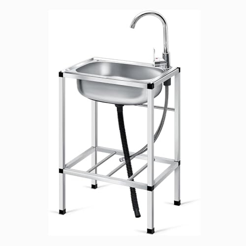 Kleines Spülbecken für Garten Freien, Einzeltrog zum Waschen, Edelstahl-Waschbecken Ausgussbecken für die Küche mit Ablage und Wasserhahn, für Restaurant, Bar, Waschküche, Garage, Hinterhof(18.9*13.7*