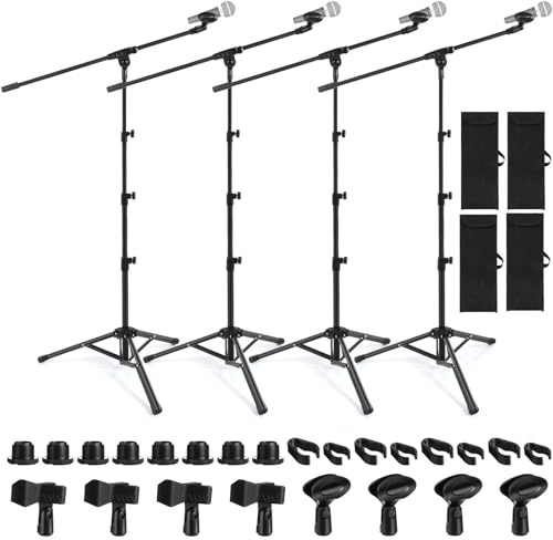Relaxweex 4 Pcs Tripod Microphone Stand Boom Arm Floor Mic Stand Microphone Holder Adjustable Height 26-67 inch with 4 Carrying Bag and 8 Mic Clips for Singing Stage Wedding Stage Karaoke Church