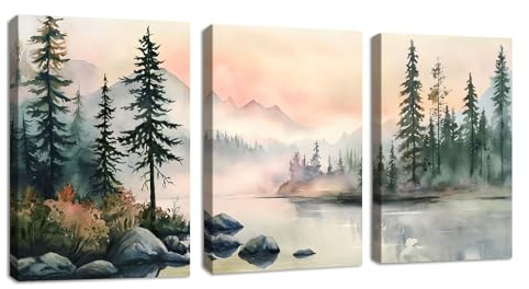 3 Pcs Coucher de soleil au bord d'un lac Tableau Décoration Murale Salon,Forêt rose brumeuse montagne Impression sur Toile Image sur Toile Peintures sur Toile Décoration Murale pour Chambre 40x60cmx3