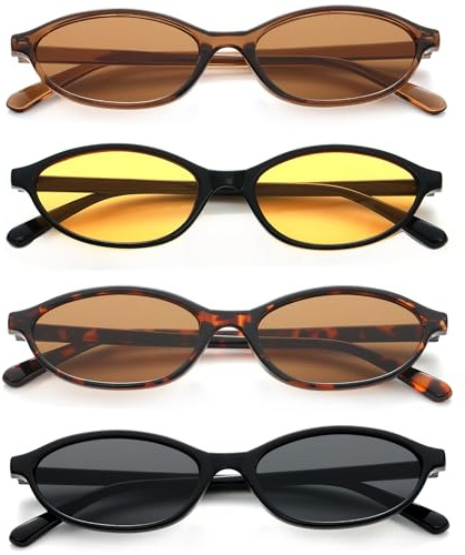 Unning 4 Stück Oval Sonnenbrille Damen Retro Ovale Sonnenbrillen Schmal Vintage Klein Brillen Set