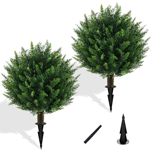 Grewyear Artificial Cedar Topiary Ball Tree with Ground Spike, Set of 2 UV Resistant Artificial Bushes for Outdoors Faux Shrubs, Weatherproof Fake Round Cypress Ball Bushes Plant for Front Porch