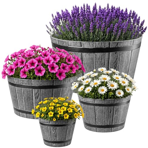 KADAX Set med 4 växtkrukor i träfatsdesign, Ø 23 cm + 30 cm + 40 cm + 50 cm, i väderbeständig plast, för trädgård, terrass och balkong, dekorativ blomkruka, mörkgrå, damm med vattenhink