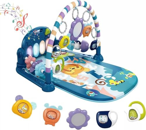 Kadii Baby Spieldecke mit Spielbogen, Gym Musik-Klaviertastatur, Aktivitätscenter mit Spiegel und Rasseln (Blau)