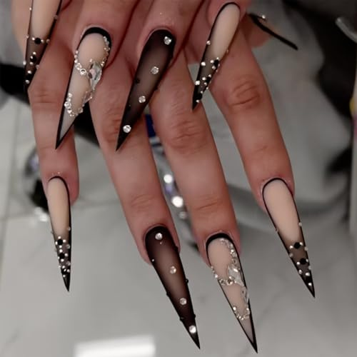 NICENEEDED 24 Stück Lange Stiletto Press On Nägel Scharfer Mandel Kunstnagel Mit Luxuriösem Strass Design Glänzender Kunststoff Volldeckungsnagel Für Frauen Manikürekunst Halloween