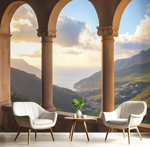 Fotomurale da Parete 3D Marrone Blu, Balcone Valle Mare Carta Da Parati In Tessuto di Seta Murale Decorazione Da Muro, 300Lx210A cm Tramonto, Paesaggio Fotomurali Decorazione Soggiorno