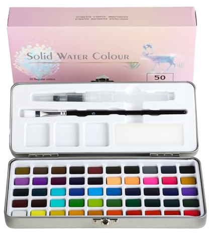 Aquarellfarben Set mit 50 Farben in Metallbox – Tragbarer Wasserfarbkasten mit Pinsel,Wassertankpinsel, Mischpaletten,Schwamm – Hochpigmentiertes,ungiftiges Aquarellset für Künstler & Hobby-Maler