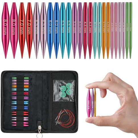 Austauschbares Rundstricknadel-Set mit 12 Paar kurzen Stricknadeln (5,5 cm) in den Stärken 3-8 mm für Socken, inklusive Kabeln, Zubehör & Metalltasche