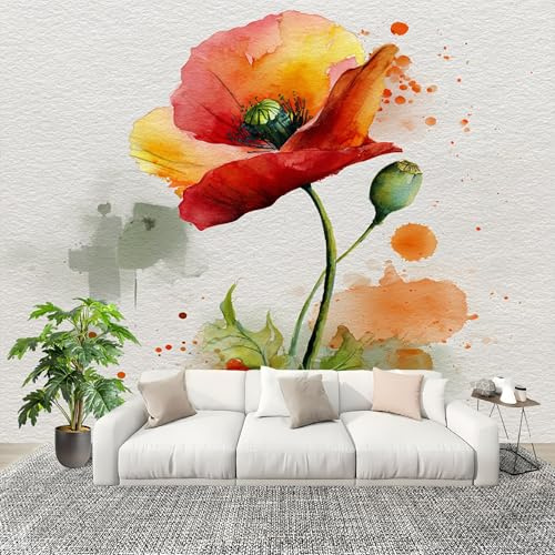 Fotomurale Fiori Rossi Acquerellati Murale in Tessuto Non Tessuto Poster Gigante 350x256 cm Grigio Carta da Parati per Diverse Stanze Carta da Parete, Murale Alla Moda