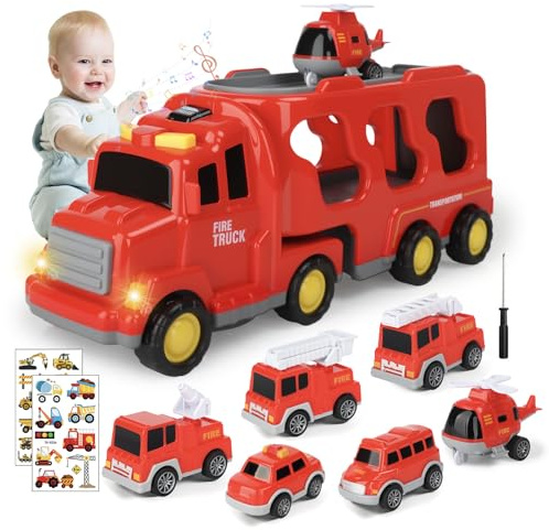 JOTOL Camion Bomberos Juguete,7 en 1 Camiones de Juguete para Niños de 2-6 Años,Camion Transportador de Coches con Luces y Sonidos,Coche de Juguete de Fricción con 2 Pegatinas,Regalo para Niños