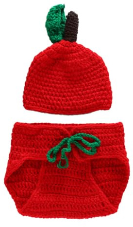 Costume Crochet Bébé Fruit Rouge, Respirant et Élastique pour Séance Photo | Fil de Laine, Bonnet et Sous-vêtement Inclus, Motif Cartoon, pour Baby Shower, Garçon