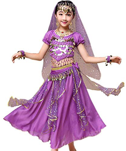 Astage Girl Belly Dance Sequin Indian Dance Costume Halloween Wear Purple M(9Y-11Y)