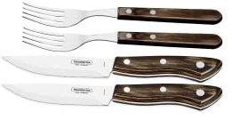 Tramontina Churrasco - Set di posate da bistecca Rio Grande, 4 pezzi, in acciaio INOX e legno di pino marrone