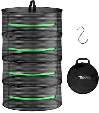 iPower 2ft 4-Layer Hanging Herb Mesh Rack Foldable Drying Net with Zippers Heavy Duty Ring for Hydroponic Plant, 4L, Free Storage Bag and Hook Included