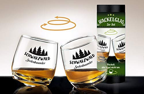 GILDE - 46993-2er Set Wackelglas Schwarzwald Seelenbaumler 2 Gläser in Einer Zylinderbox mit Banderole, Glas: H 8,5cm D 7,5cm Füllmenge ca. 200ml, spülmaschinenfest