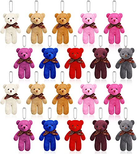 Lot de 20 mini ours en peluche – 12 cm – Poupées miniatures en peluche articulées – Porte-clés à faire soi-même, cadeau de fête d'anniversaire – 10 couleurs