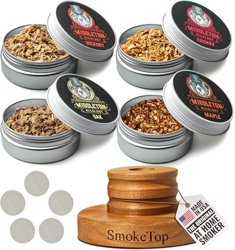 SmokeTop® Cocktail Smoker Kit with 4 Flavors Wood Chips - Cocktail Smoker Kit & Chips for Old Fashioned Cocktails, Whiskey, & Bourbon (Cherry, Hickory, Maple & Oak)