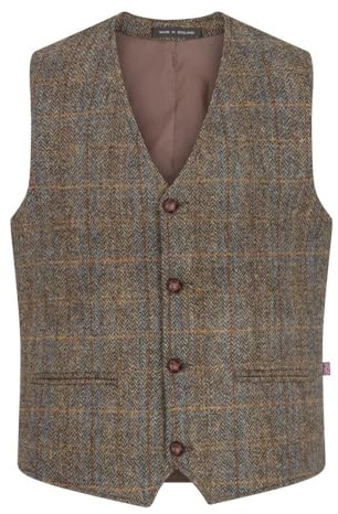 Walker and Hawkes Men's Harris Tweed Dalson Waistcoat - Tweed Vest Made from Virgin Wool with Cinch Adjuster, Regular Fit, Clinton Brown - 42
