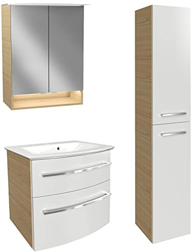 FACKELMANN Badmöbel Set B.Style 4-TLG. weiß-braun Badschrank rechts & Mineralgusswaschbecken & LED Spiegelschrank - Made in Germany