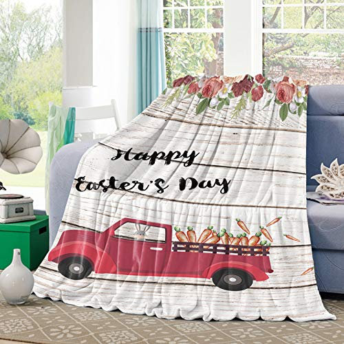 Tv-Decke Osterhase Mit LKW Und Karotte Retro-Holzmaserung Mit Blume Anti-Verfärben Kuscheldecke Leichte Fleecedecke Für Camping Bett Mädchen 80x60