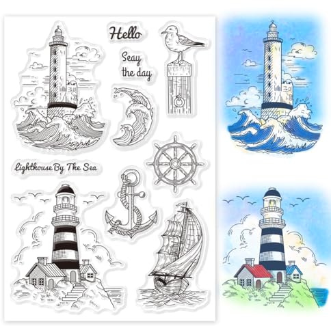 GLOBLELAND Klarsichtstempel Ozean Leuchtturm Segelboot Möwe Silikon Klarstempel Mit Anker Kompass Reise Segelstempel Für Kartenherstellung Scrapbooking Fotoalbum Dekor