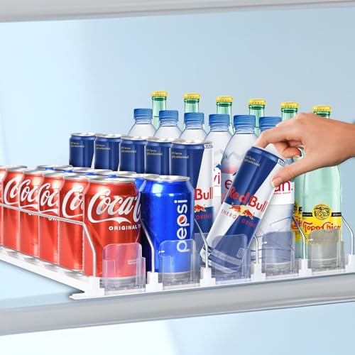 Drink Organizer For Fridge - Fridge Organizers Self Pushing Drink Dispenser, Drink Dispenser for Fridge w/Smooth Spring & Conveyor Belt, Adjustable 5 Can & Can Organizer for Refrigerator, 17.3D