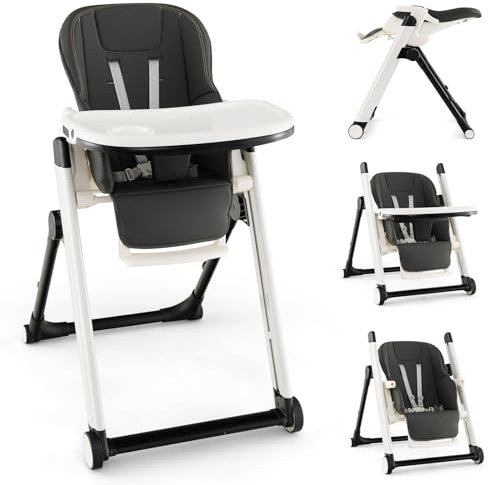 GOPLUS Chaise Haute Pliable pour Bébé, Chaise Haute Multifonction avec Dossier & Hauteur & Repose-pieds Réglables, Double Plateau Amovible, Harnais 5 Points, Roues Verrouillables, 6-36 Mois