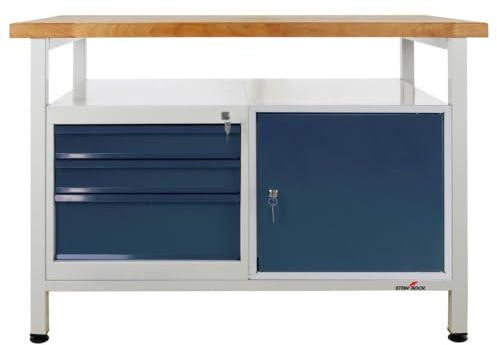 Steinbock Werkbank 3 Schubladen + 1 Tür + Ablage | 120x84x60 cm | 300 kg | Grau | 300 kg Tragkraft | 4 cm geölte Massivholz-Arbeitsplatte aus Buche | stabiles Stahlgestell | Werktisch | Made in EU