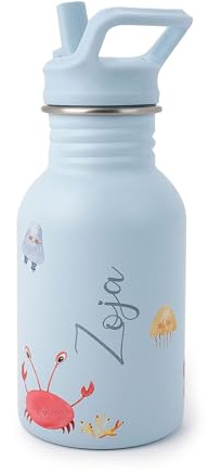 J.Børn Personalised Bottle With Straw For Kids 350ML | Hand-Painted Designs | Single-Skinned, Food-Grade Stainless Steel Bottle | Light Weight Water Bottle | Leak-Proof Bottle (Ocean)