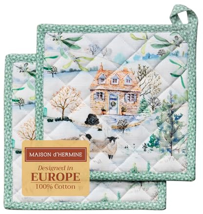 Maison d' Hermine Pot Holders Set 100% Cotton Heat Resistant Potholders 20 cm x 20 cm Hot Pads with Loop for Christmas Decorations BBQ Cooking Baking Handling Hot Pans (Pack of 2, Snowy World)
