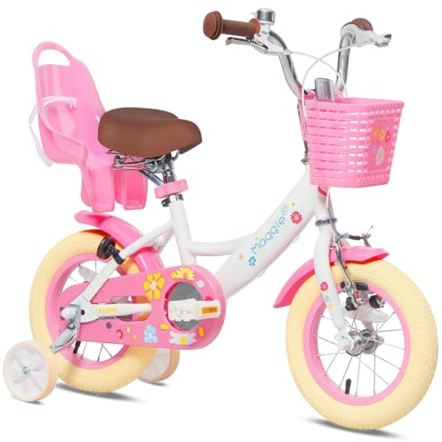Glerc Maggie 12-Tums Barncykel För 2-3-4 År. Småflickors Bäbiscykel Med Docksäte, Korg Och Stödhjul. Presentidé I Vitt