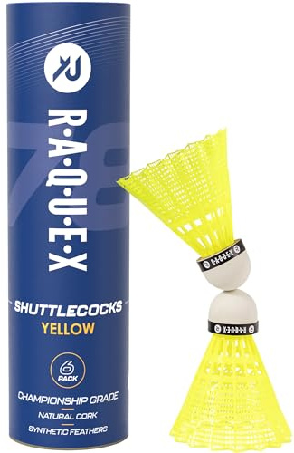 Raquex-badmintonbollar i nylon – Rör med 6 naturliga fjäderbollar av naturkork – Tre hastigheter – Vita eller gula fjäderbollar, inomhus utomhus hållbara badmintonbollar