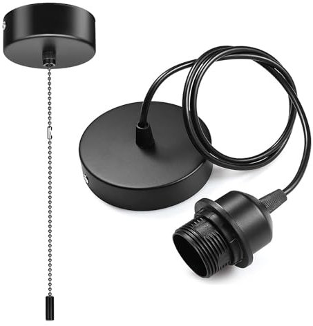 Black Pull Chain Switch & E27 Pendant Lamp Holder, Wall-Mounted Ceiling Light Fitting Combo, Industrial Style for Bathroom, Bedroom, Kitchen, Bar, Cafe